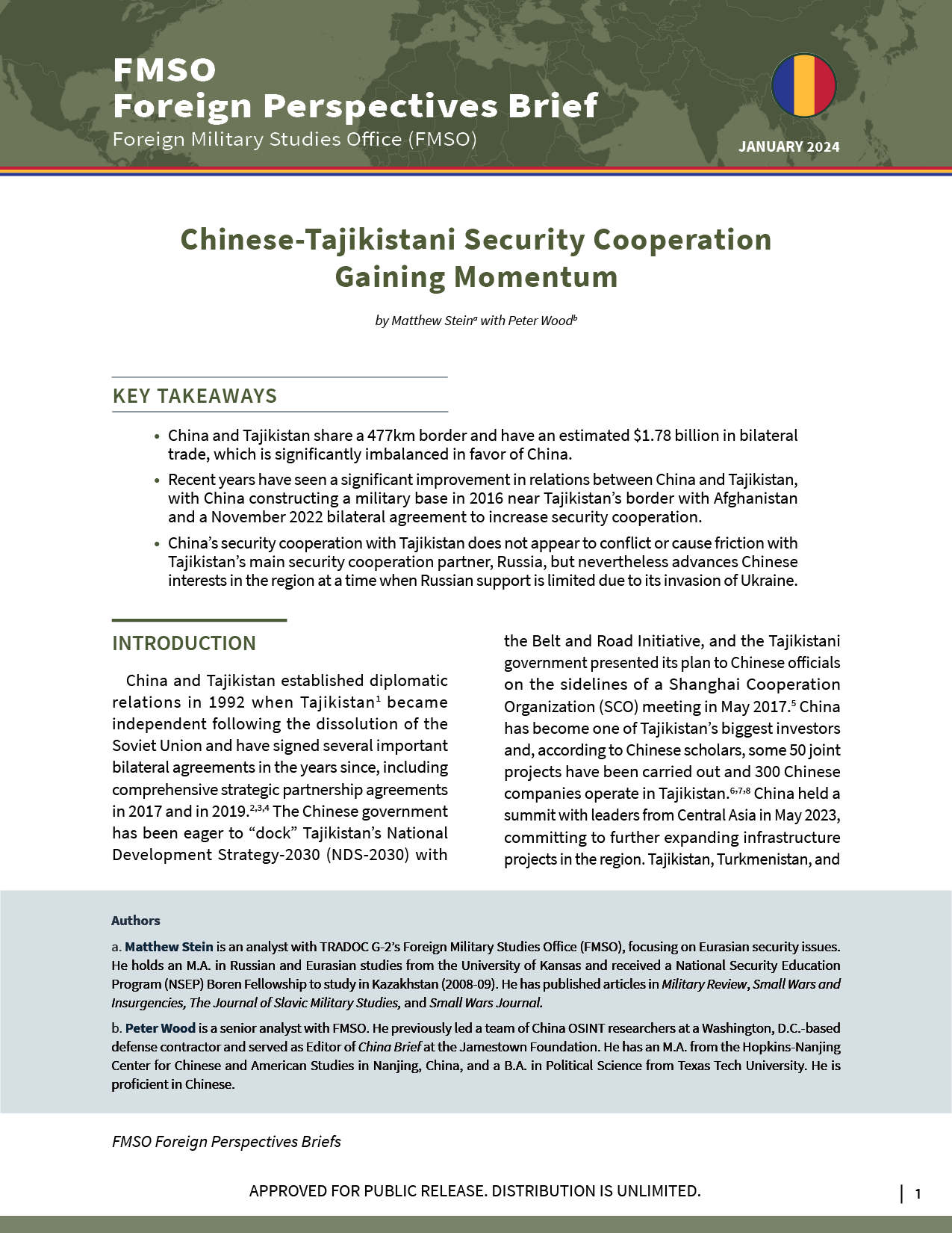 Chinese-Tajikistani Security Cooperation Gaining Momentum (Matthew Stein and Peter Wood) (January 2024)